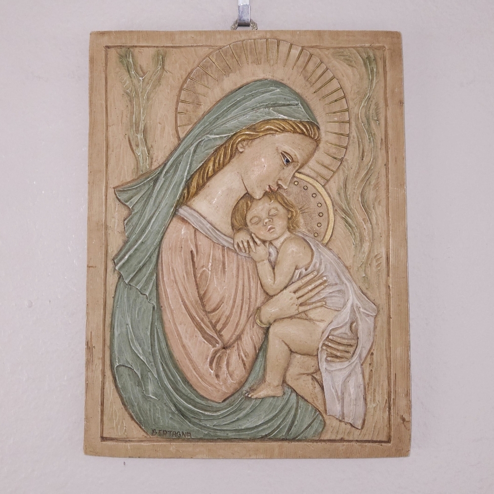 Vintage BERTAGNA Madonna & Child Hand Painted Carved Plaque ITALY Religious Art